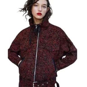 Zara Black Red Animal Print Belted Jacquard Biker Jacket